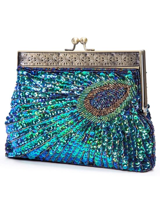 Handbags - Vintage 1920s Beaded Sequin Peacock Evening Clutch Bag for Party & Wedding